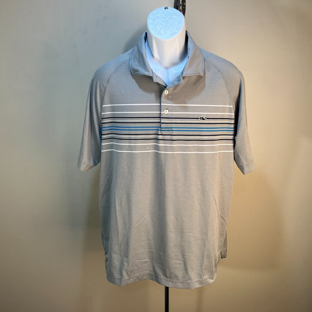 ⛳ Vineyard Vines Men’s Performance Golf Polo L Gray Blue White Striped 🐳